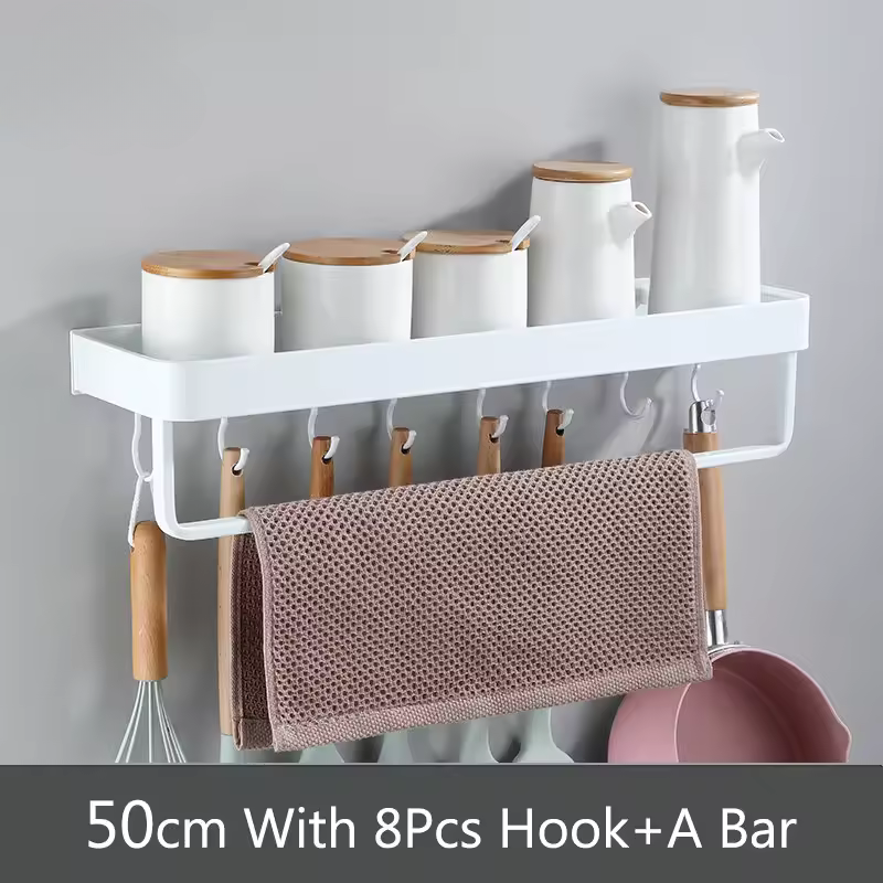 White / Black Kitchen Storage Rack Shelf Spice Bottle Rack Space Aluminum Multi-function Shelf Towel Bar Hook