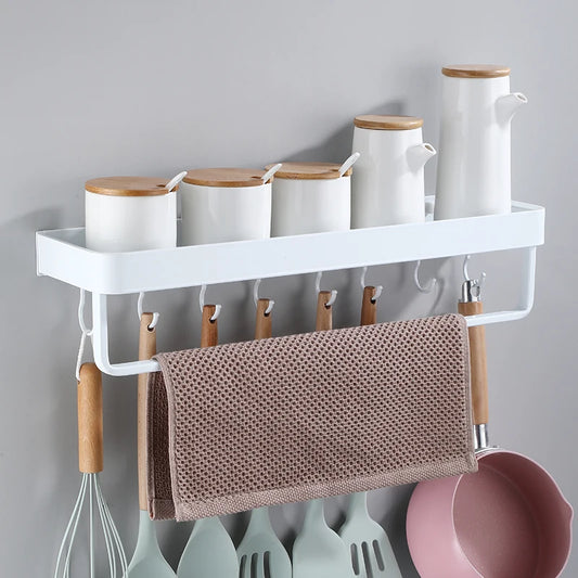 White / Black Kitchen Storage Rack Shelf Spice Bottle Rack Space Aluminum Multi-function Shelf Towel Bar Hook